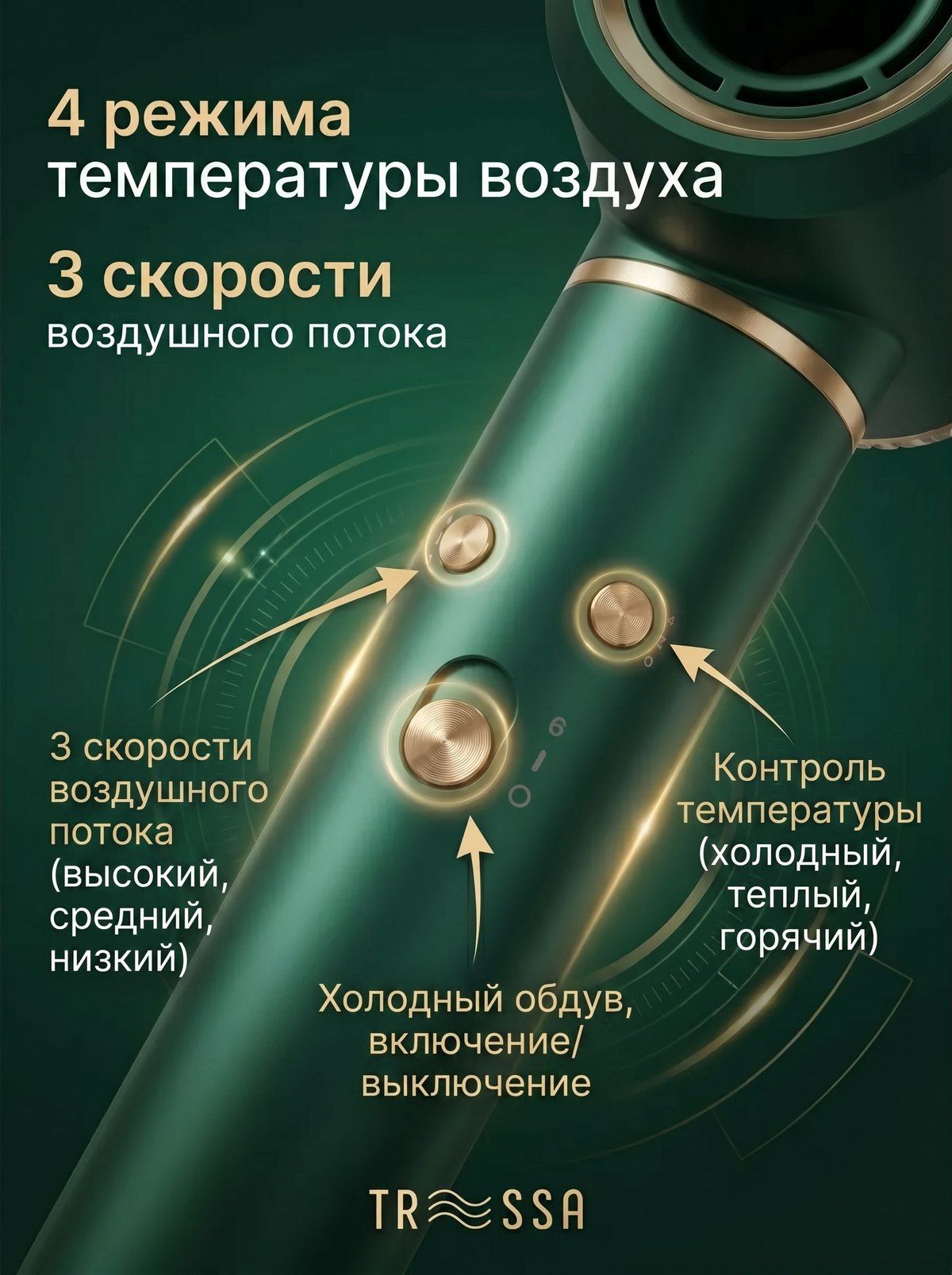 Кнопки на ручке фена TRESSA: три скорости, контроль температуры и холодный обдув